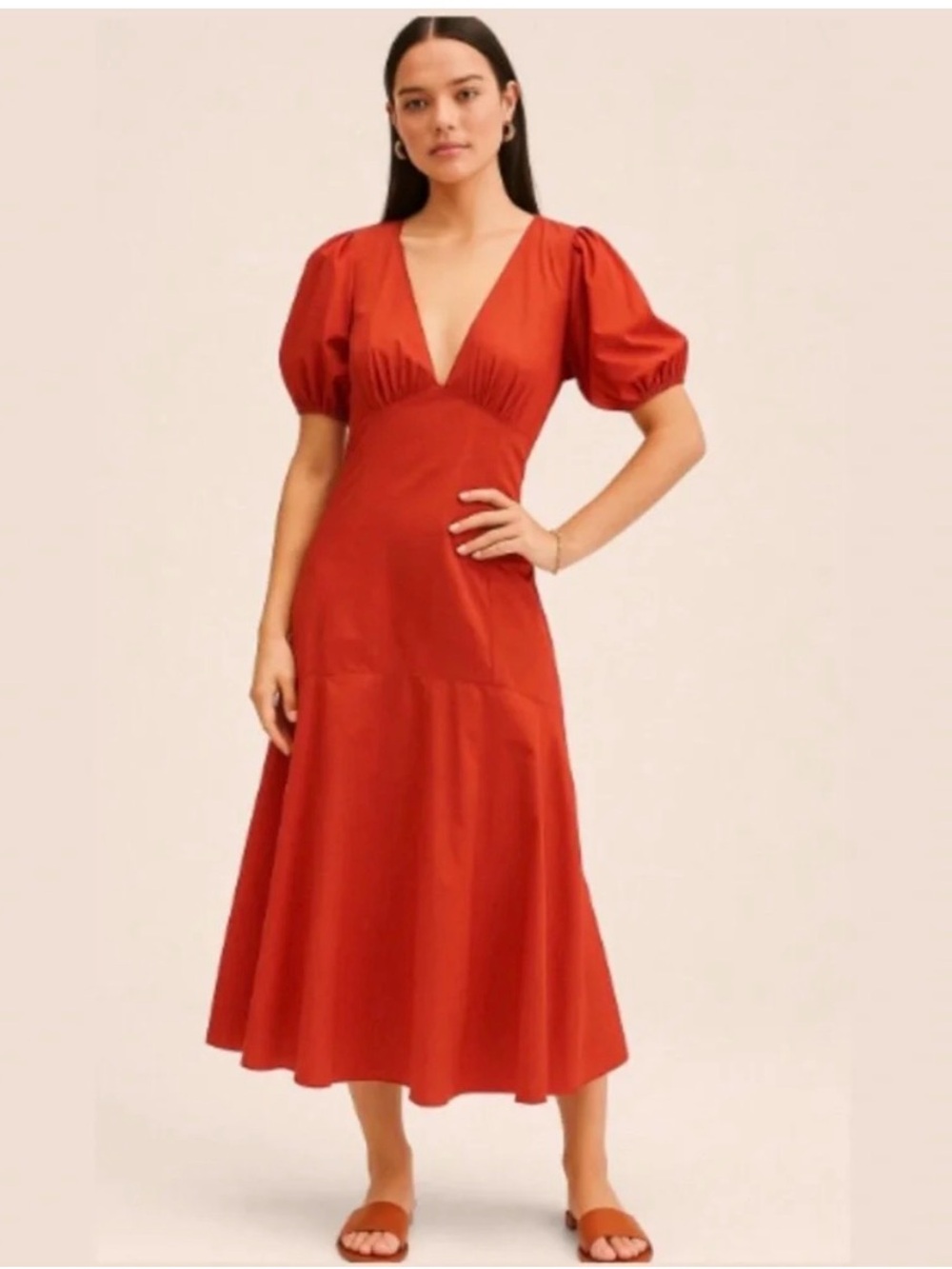 Abercrombie & Fitch Red Puff Sleeve Midi Dress XS